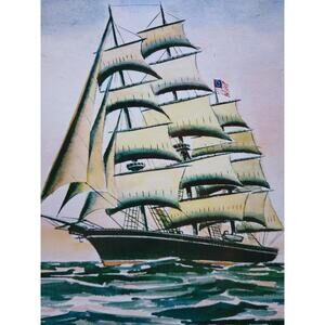 Pirate Ship Print Trexler Nautical Ocean Waves US Flag T Rex Vintage Clipper